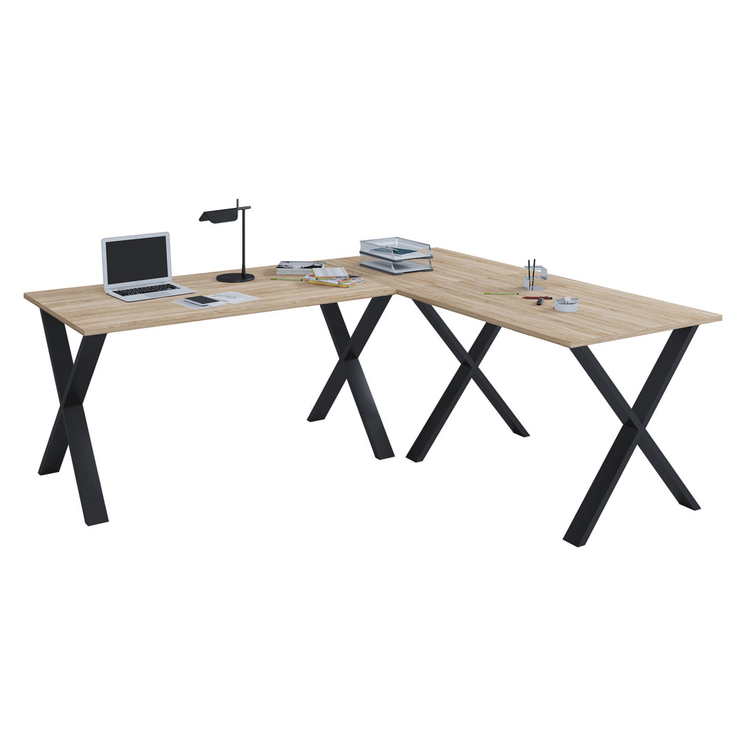 Lona X-feet hjørneskrivebord natur træ og sort metal 190x130x50