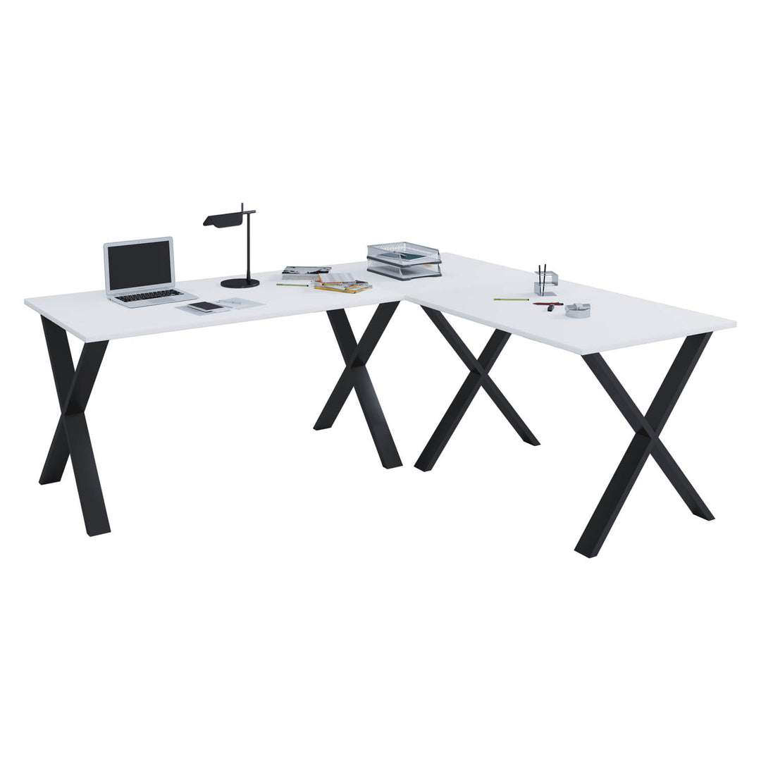 Lona X-feet hjørneskrivebord hvid træ og sort metal 190x190x50