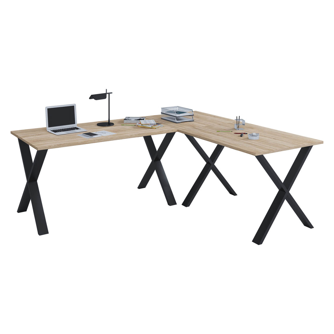 Lona X-feet hjørneskrivebord natur træ og sort metal 160x160x80