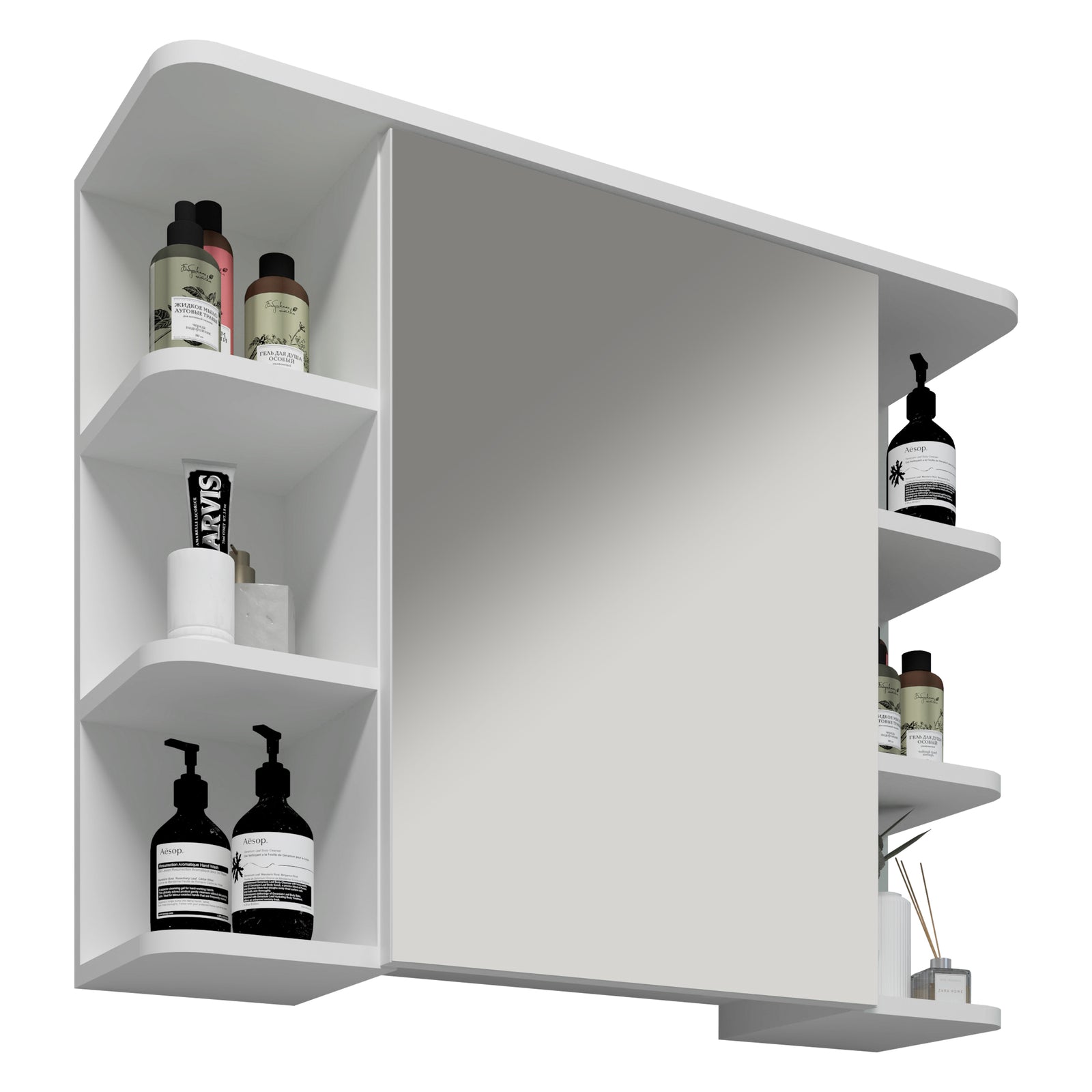 Produktbillede af VCM NORDIC Nilosi badeværelse spejlskab m. 1 låge og 7 hylder spejlglas og hvid træ i premium kvalitet