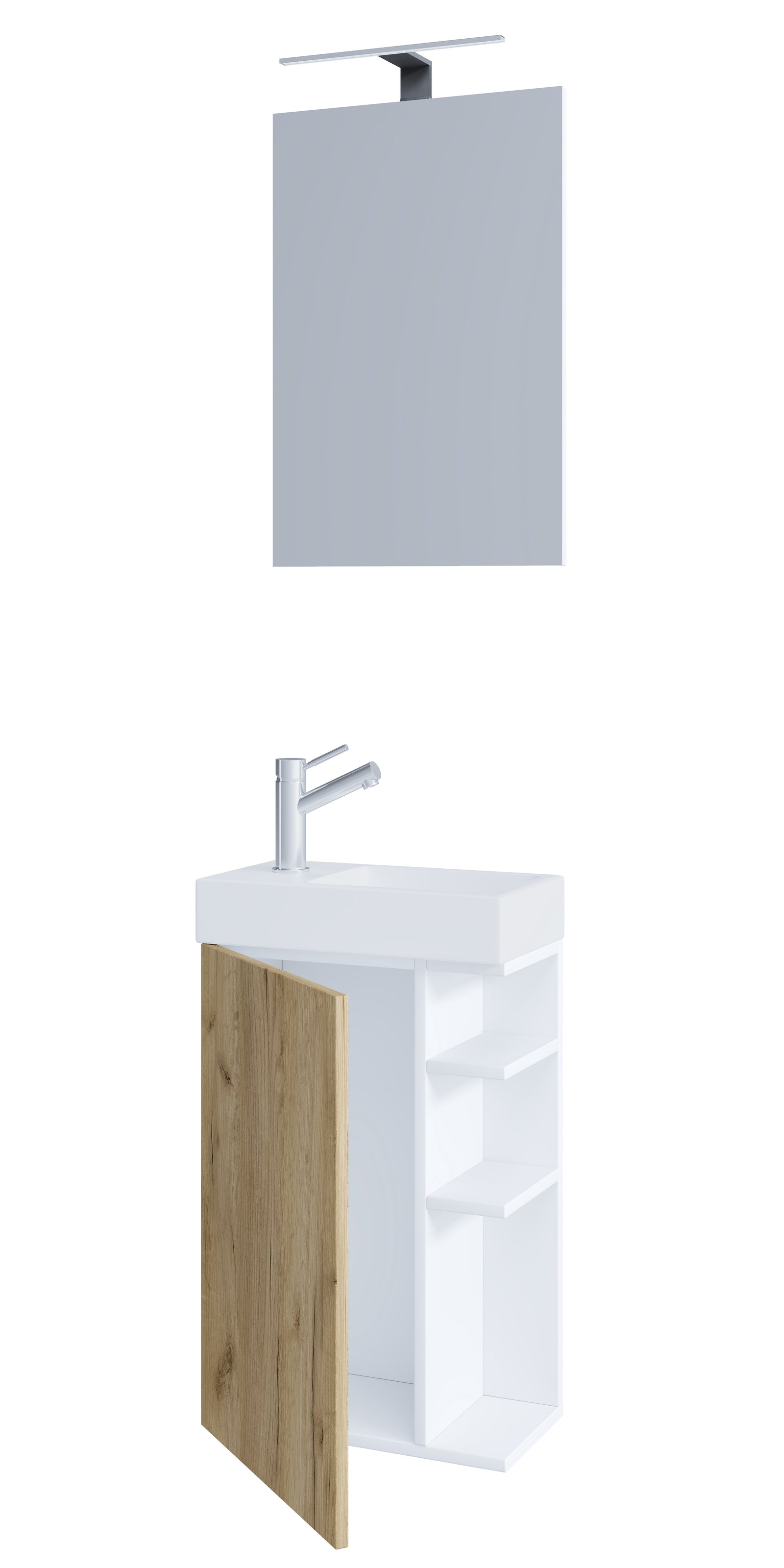 Produktbillede af VCM NORDIC Lumia 3-delt gæstevaskeplads m. spejl håndvask 1 låge 2 hylder hvid og natur træ i premium kvalitet