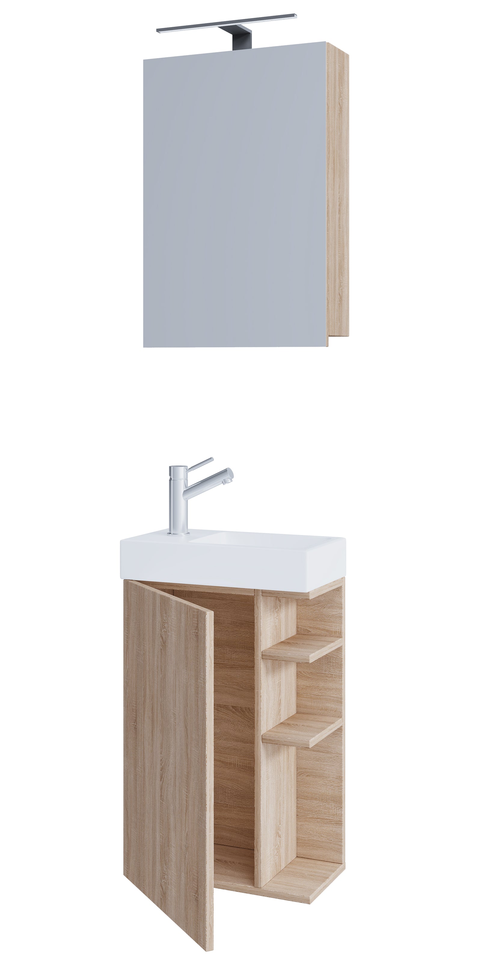 Produktbillede af VCM NORDIC Lumia 3-delt gæstevaskeplads m. spejlskab håndvask 1 låge 2 hylder natur træ i premium kvalitet