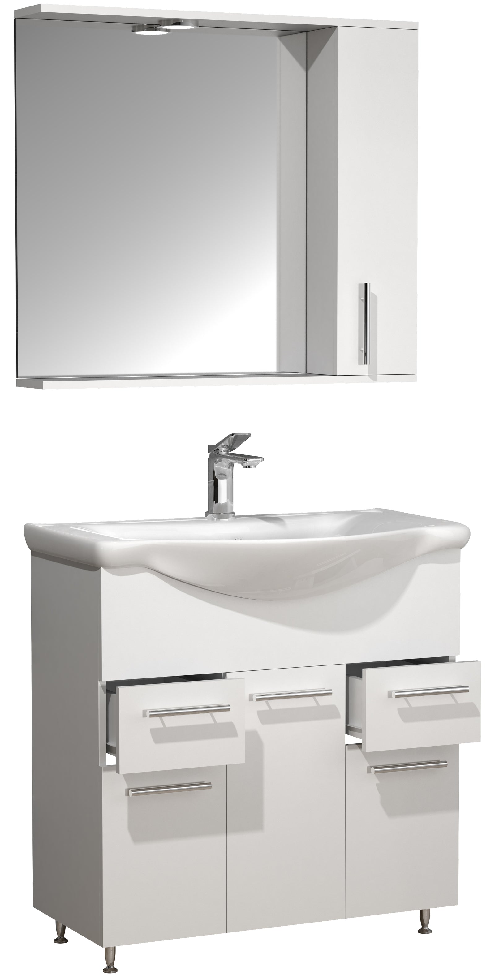 Produktbillede af VCM NORDIC Lisalo XL 3-delt vaskeplads m. spejlskab keramik håndvask 4 låger hvid melamin i premium kvalitet