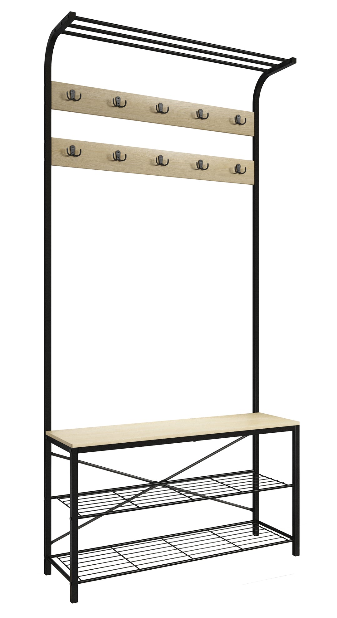VCM NORDIC Taliro garderobestativ m. hattehylde 10 knager 2 hylder siddeplads natur/sort metal