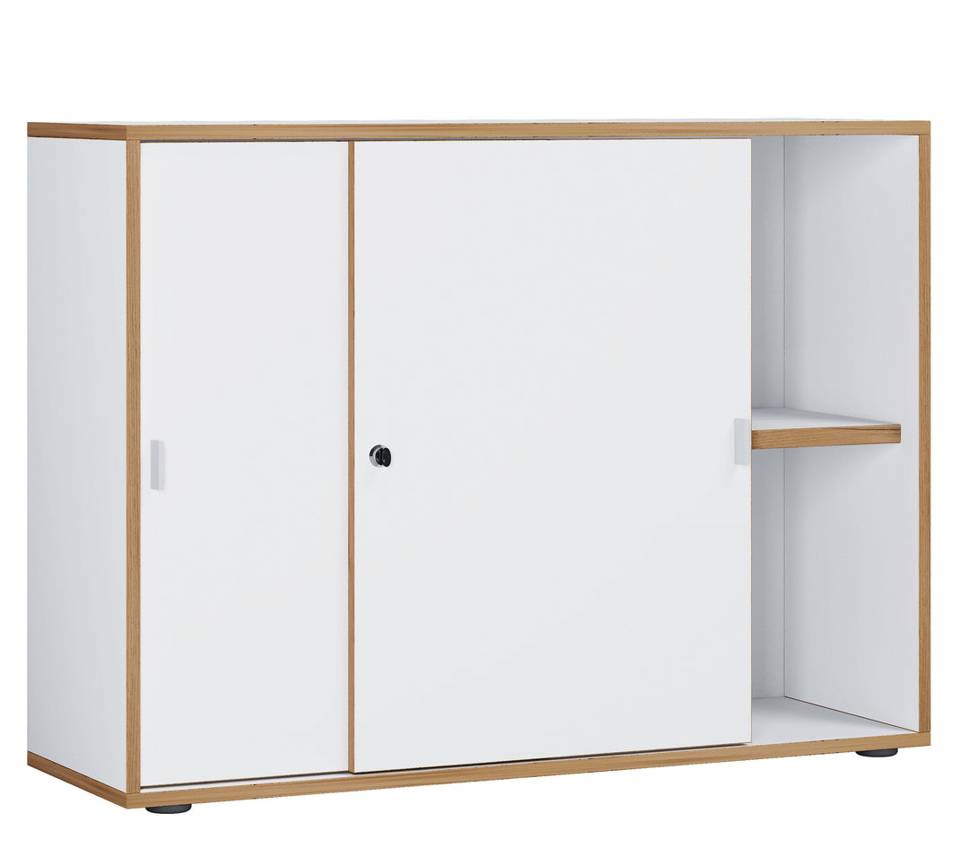 VCM NORDIC Salia B100 kontorreol m. 2 skydelåger lås og 1 justerbar hylde hvid og natur træ