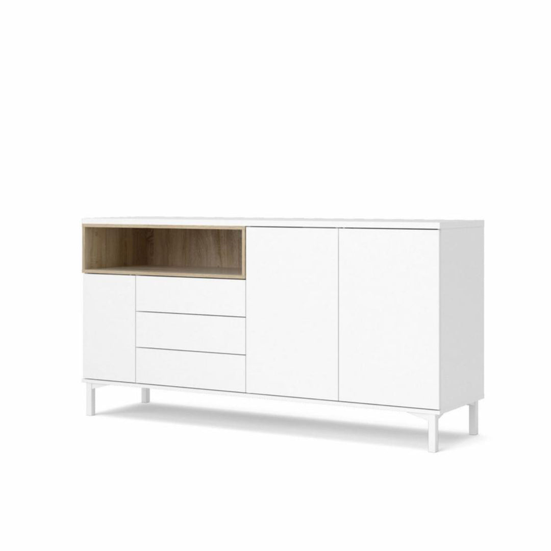 TVILUM Roomers skænk m. 3 låger og 3 skuffer egetræsfarvet/hvid folie og stål 175,7x48,25