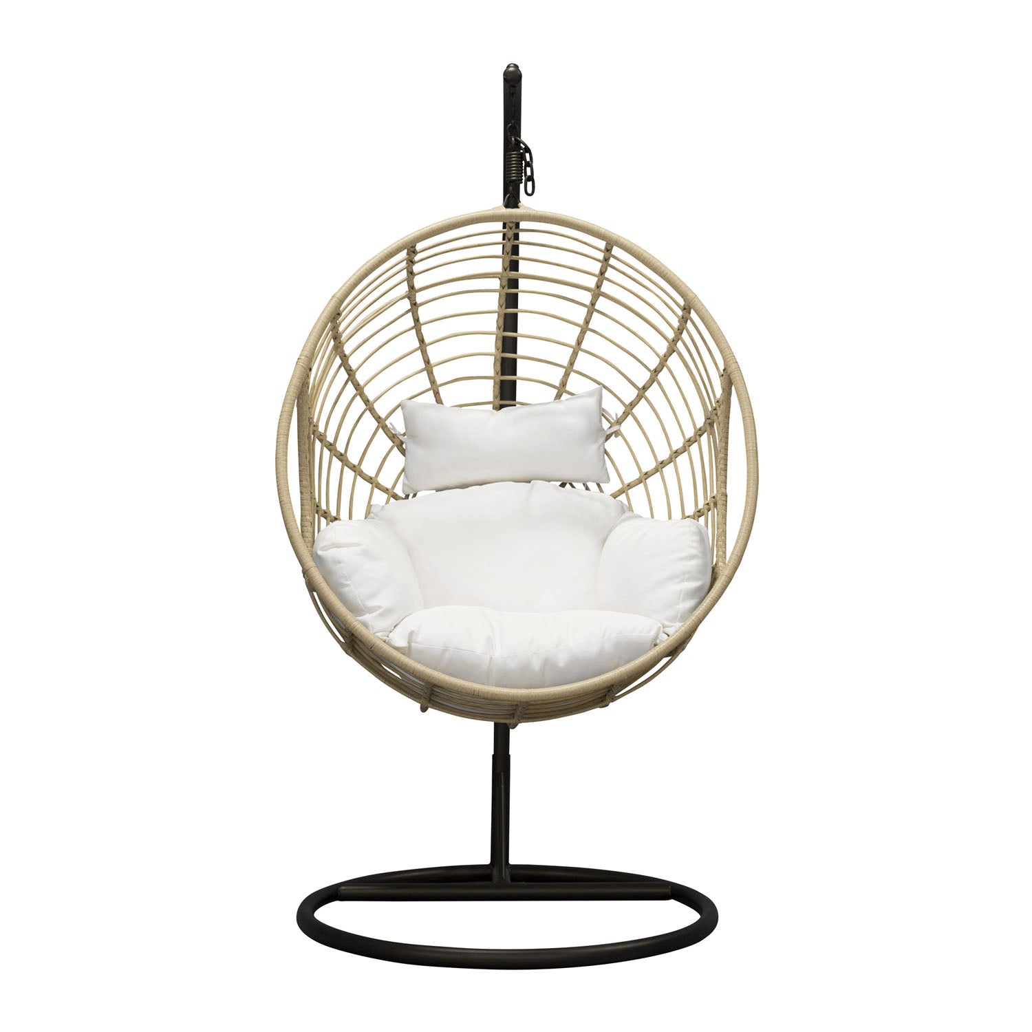 Produktbillede af VENTURE DESIGN rund Viga udendørs hængestol m. hynde offwhite stof natur rattan og sort stål i premium kvalitet