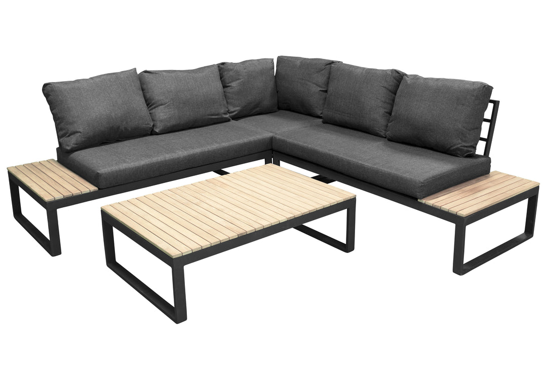 Produktbillede af VENTURE DESIGN Panama hjørne havesofa m. hynder grå natur akacietræ og sort aluminium i premium kvalitet