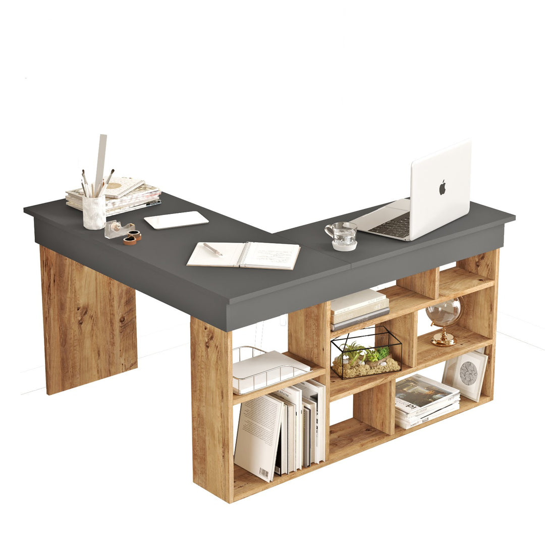 NORDVÄRK Ct5 hjørneskrivebord m. 8 rum antracitgrå og Atlantic Pine melamin 129x120