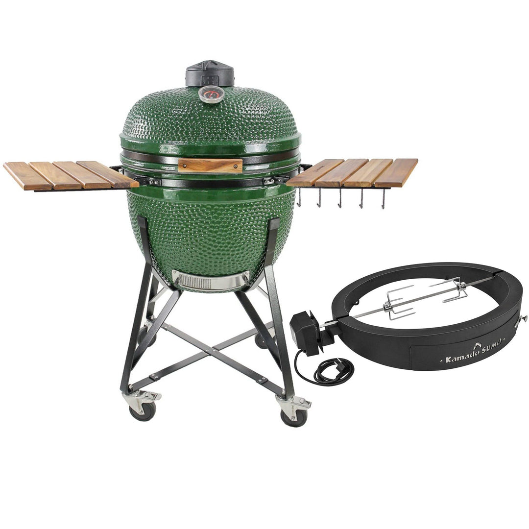 Kamado sumo Kamado sumo Maxi kulgrill, grøn + grillmesterens rotisserie og pizzaovn – close-up (Kamadogrill)