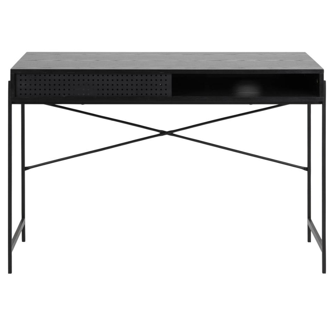 Produktbillede af Act Nordic Angus skrivebord m. skydelåge sort melamin og sort metal 110x50 i premium kvalitet