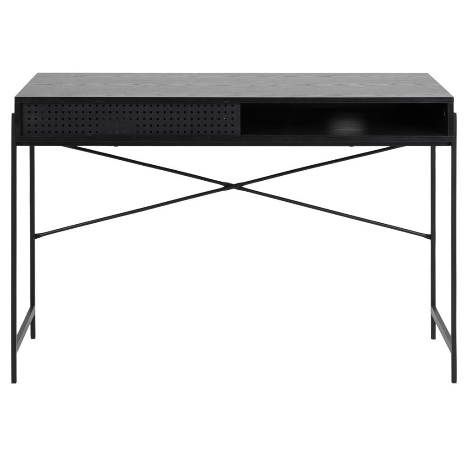 Produktbillede af Act Nordic Angus skrivebord m. skydelåge sort melamin og sort metal 110x50 i premium kvalitet