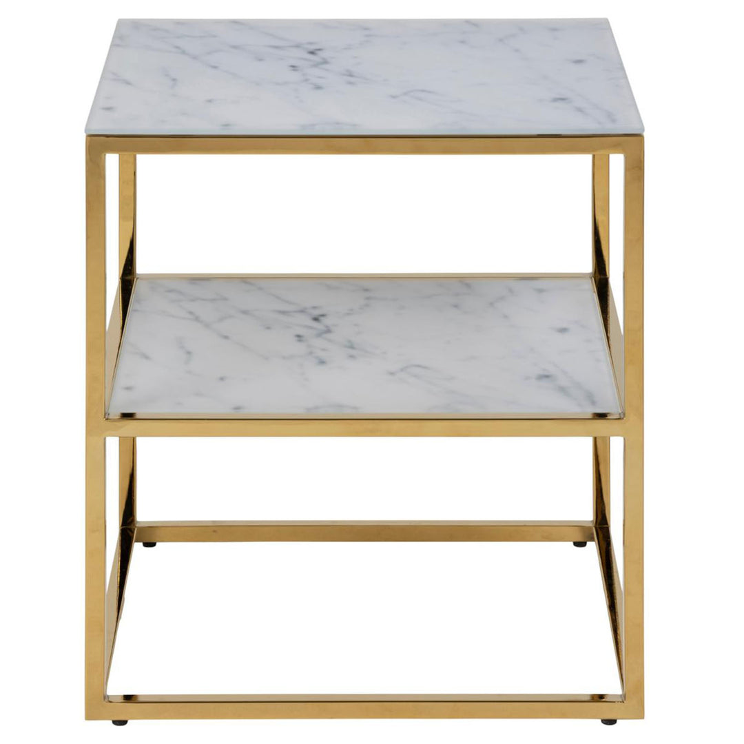 ACT NORDIC Alisma sengebord m. hylde hvid marmorprint glas og guld metal 45x40