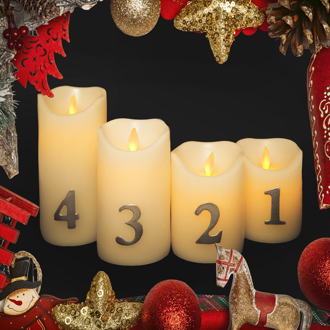 Produktbillede af Adventslys LED m/timer og fjernbetjening 4 stk. 9/10/12,5/15 cm m/3D flamme på tilbud