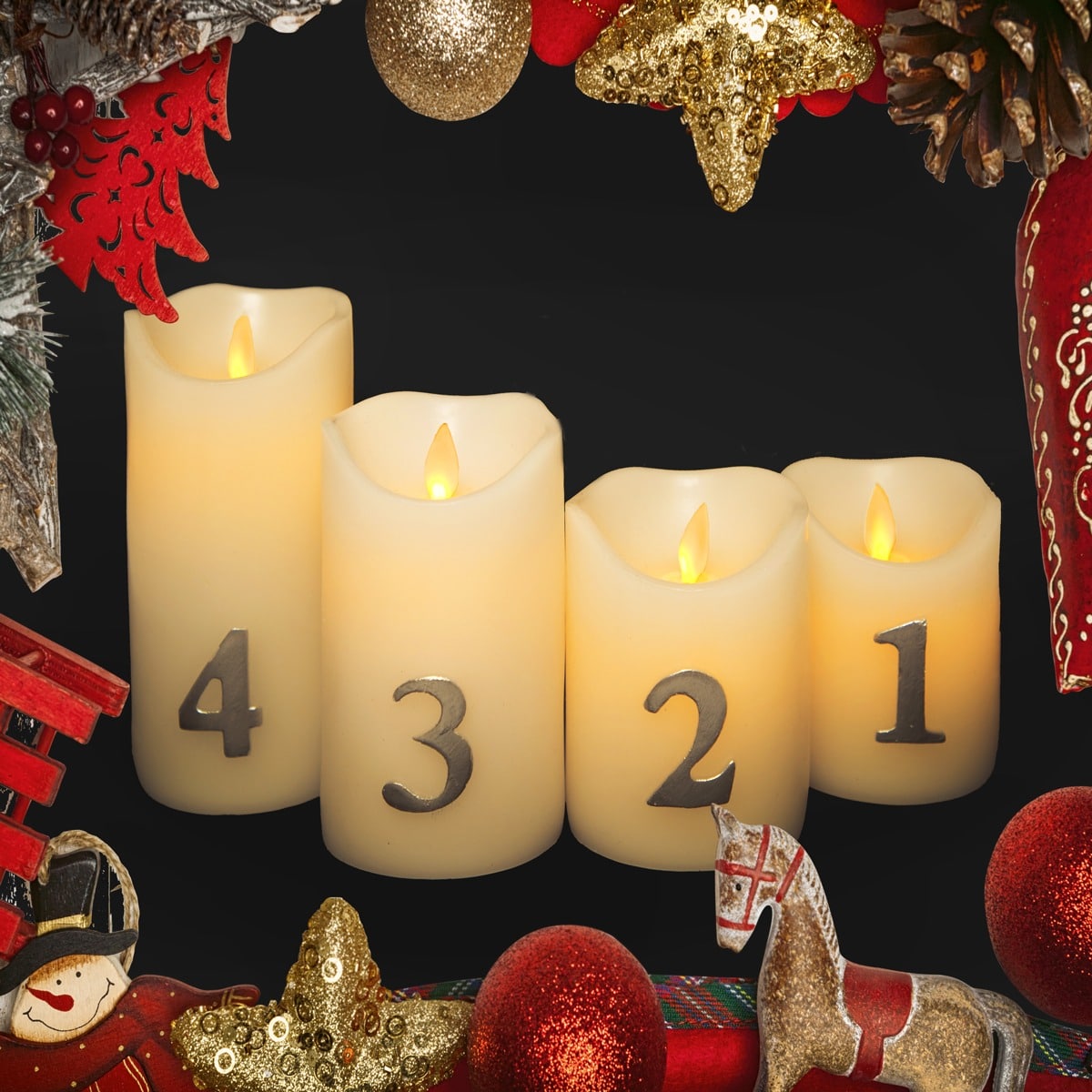 Produktbillede af Adventslys LED m/timer og fjernbetjening 4 stk. 9/10/12,5/15 cm m/3D flamme på tilbud
