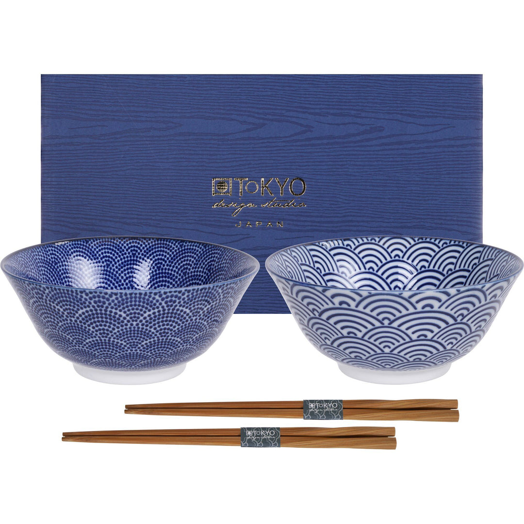 Tokyo design studio Tokyo design studio Nippon Blue skålesæt + spisepinde, prikker/bølger – produktvisning (Spisepinde)