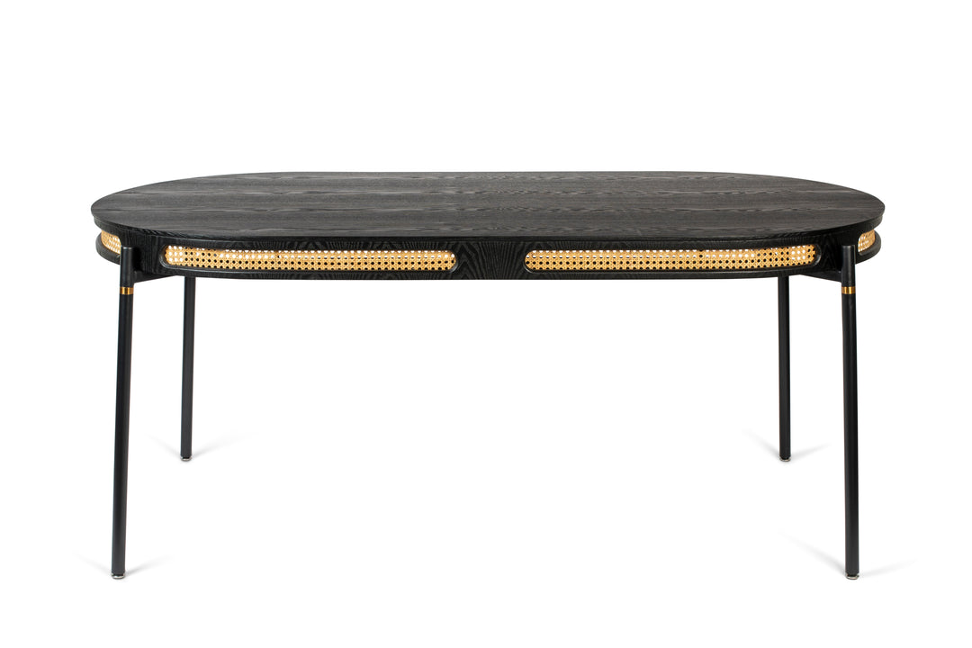 BOLD MONKEY Don't Stop The Webbing spisebord rund sort finér rattan og sort jern 180x90