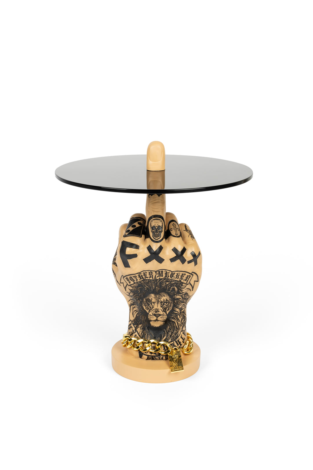 Produktbillede af BOLD MONKEY Fother Mucker sidebord rund sort glas og guld/multifarvet løve harpiks Ø40 i premium kvalitet