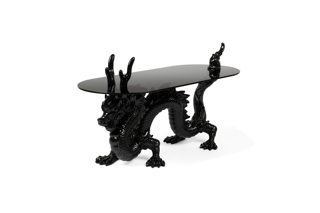 BOLD MONKEY Dragonized Bastard sofabord oval røgsort glas og sort harpiks/jern 100x45