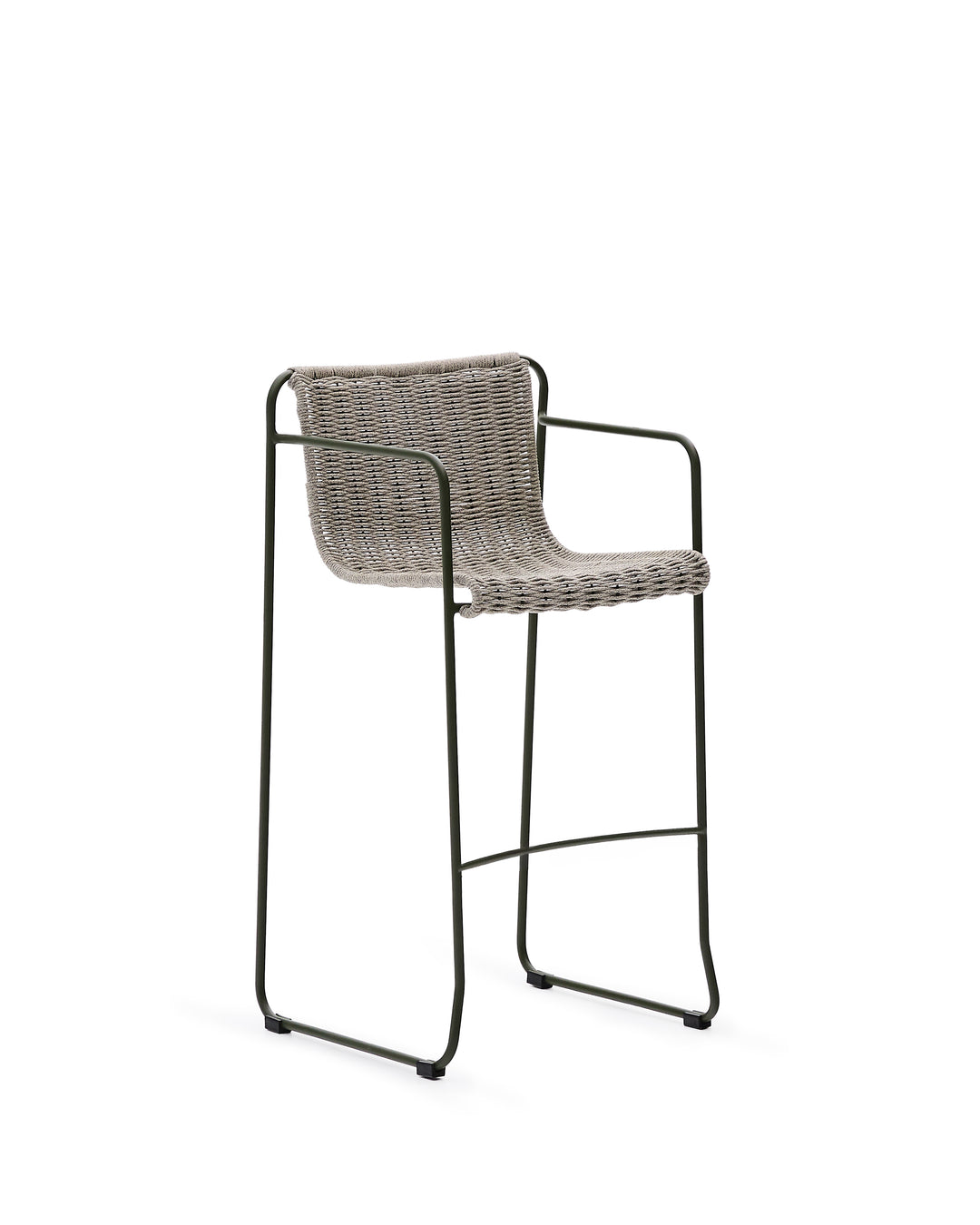 KAVE HOME Maurina udendørs barstol m. armlæn stabelbar ecru/grå tovsnor og grøn stål 74,5cm