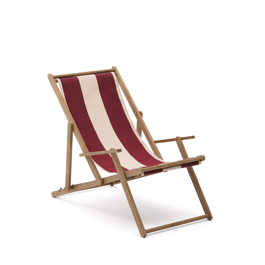 KAVE HOME Vilara udendørs liggestol foldbar bordeaux og beige stribet stof og natur akacietræ