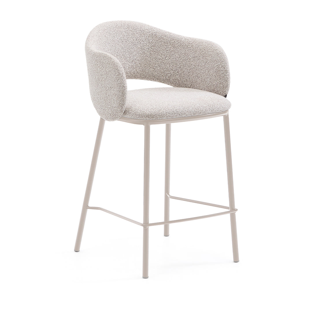 KAVE HOME Maina barstol m. ryglæn armlæn fodstøtte tyk beige chenille og beige stål 65cm