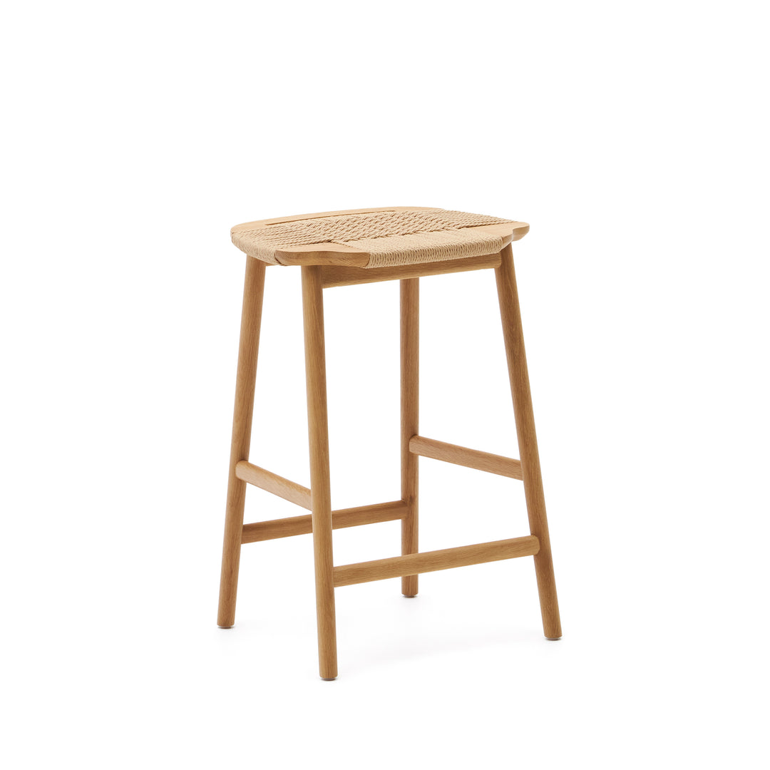 KAVE HOME Enit barstol m. fodstøtte beige papirsnor og natur egetræ H:65