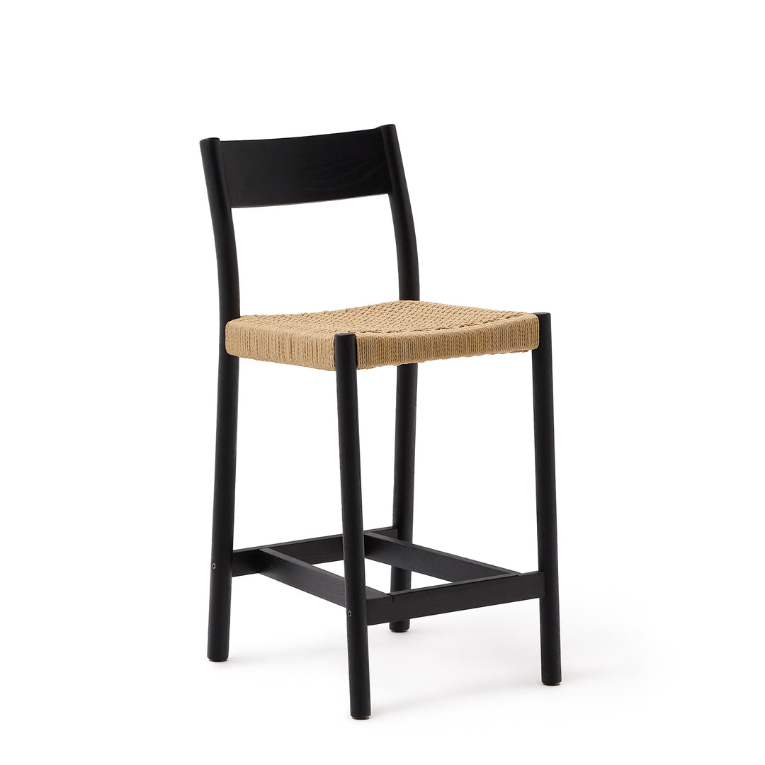 KAVE HOME Yalia barstol m. ryglæn og fodstøtte reb og sort egetræ 65cm