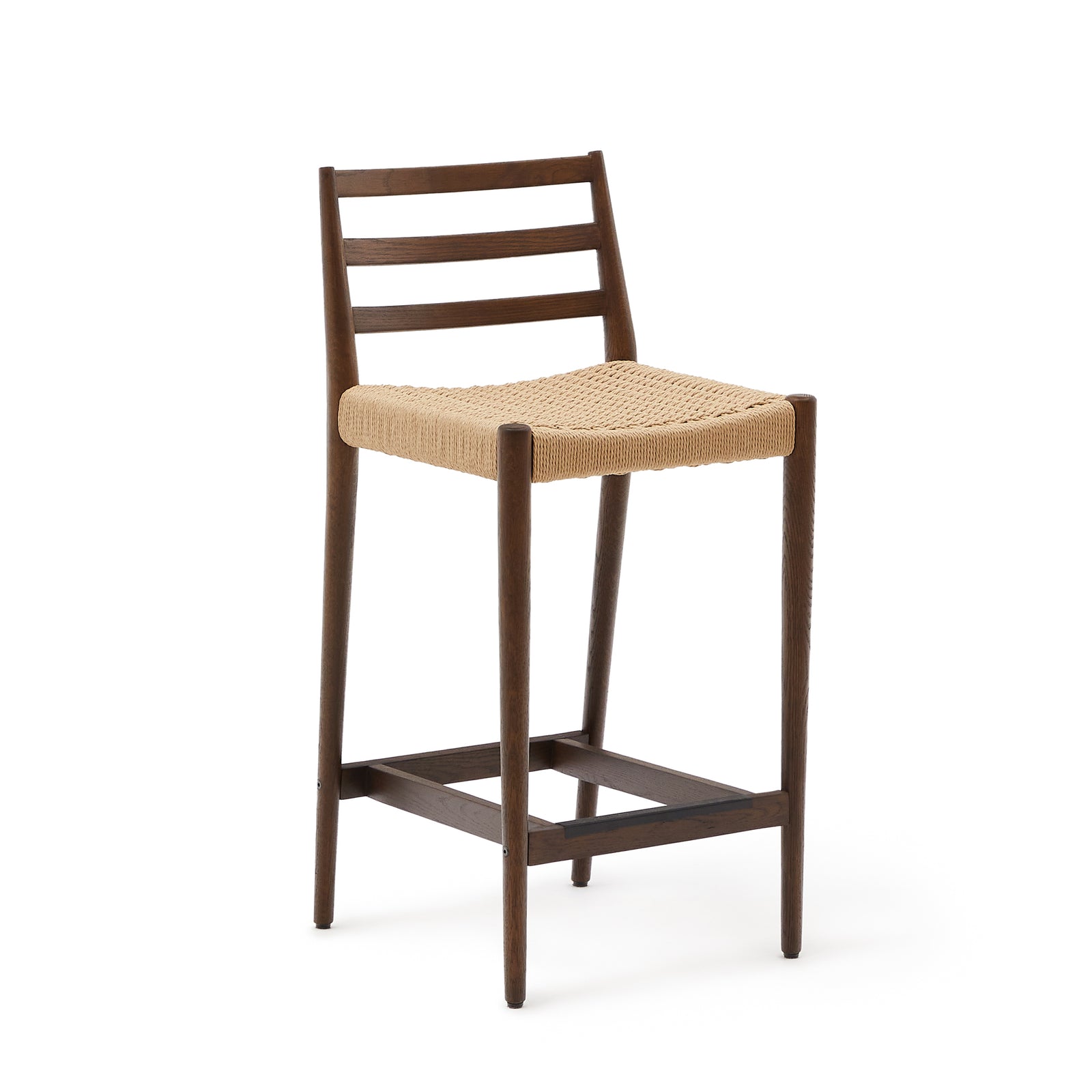 Produktbillede af KAVE HOME Analy barstol m. ryglæn og fodstøtte natur papirsnor og valnøddefarvet egetræ 70cm i premium kvalitet