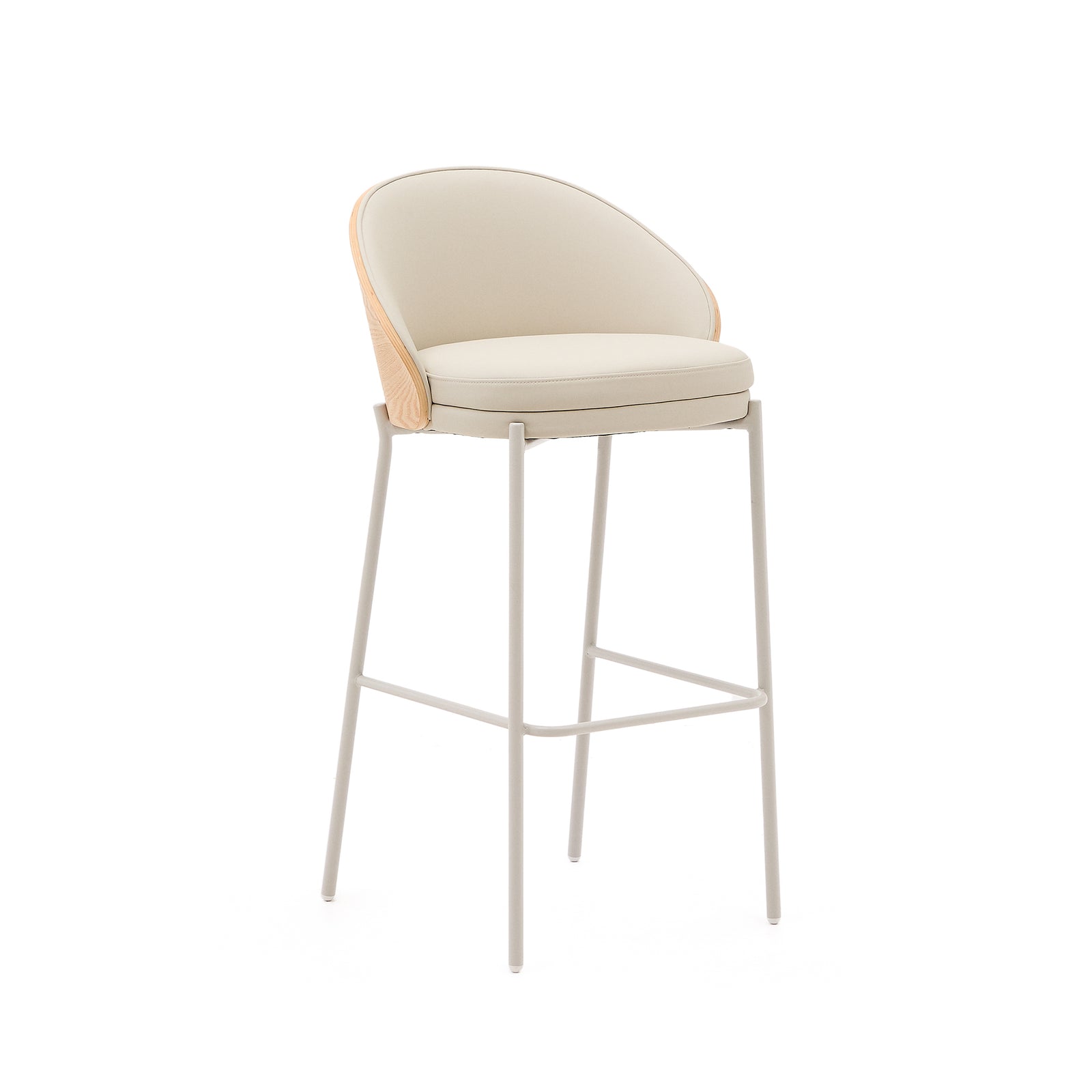 Produktbillede af KAVE HOME Eamy barstol m. ryglæn og fodstøtte beige kunstlæder natur askefinér beige metal 75cm i premium kvalitet