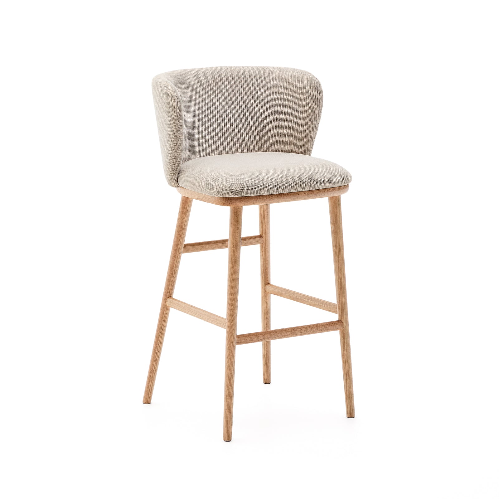 Produktbillede af KAVE HOME Ciselia barstol m. ryglæn og fodstøtte beige chenille og natur asketræ H:75cm i premium kvalitet