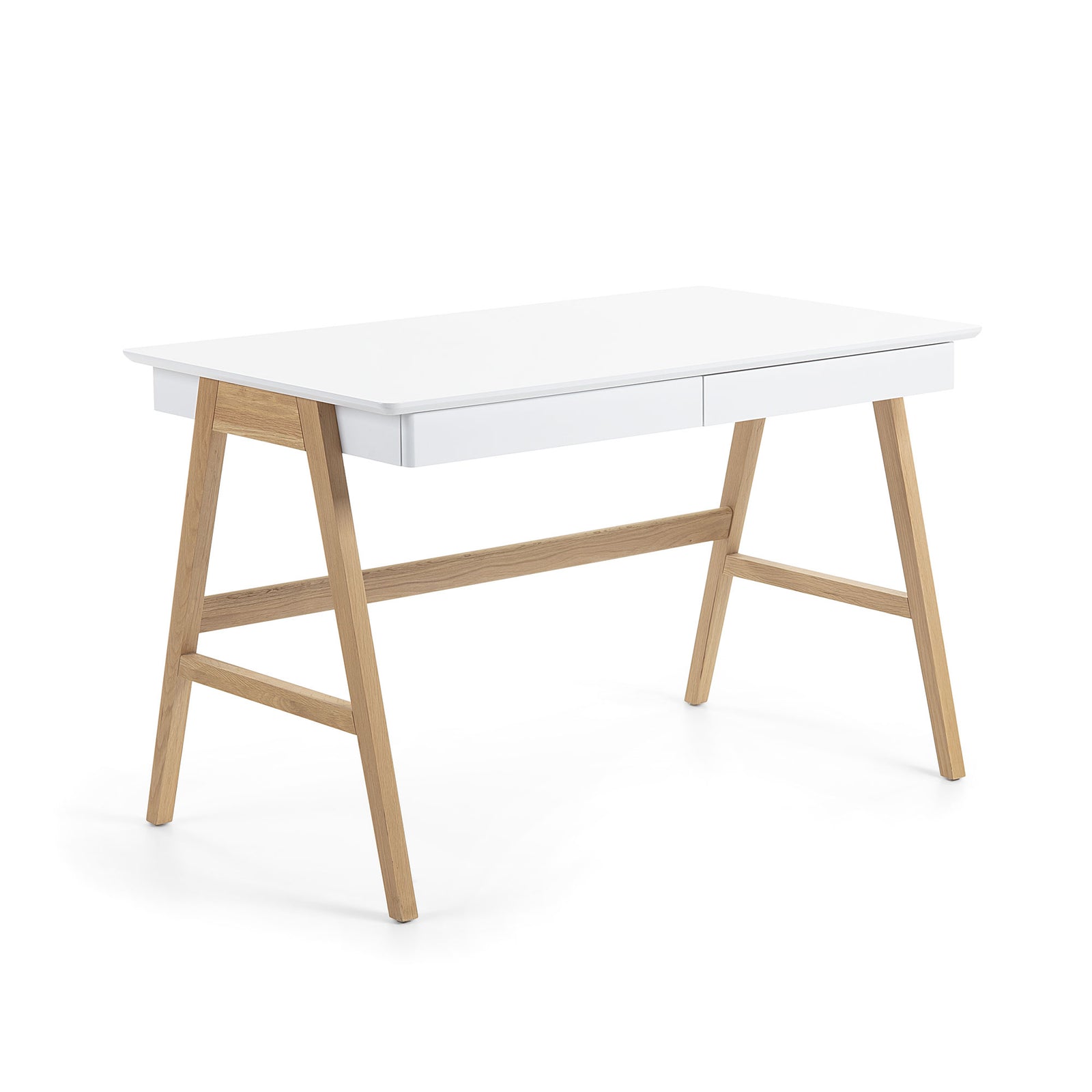 Produktbillede af KAVE HOME Ingo skrivebord hvid/natur MDF/egetræ m. 2 skuffer i premium kvalitet