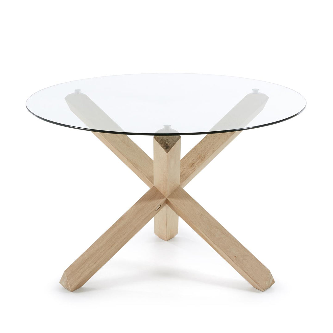 Produktbillede af KAVE HOME Lotus rundt spisebord i glas Ø: 120 cm med ben af massivt egetræ i premium kvalitet