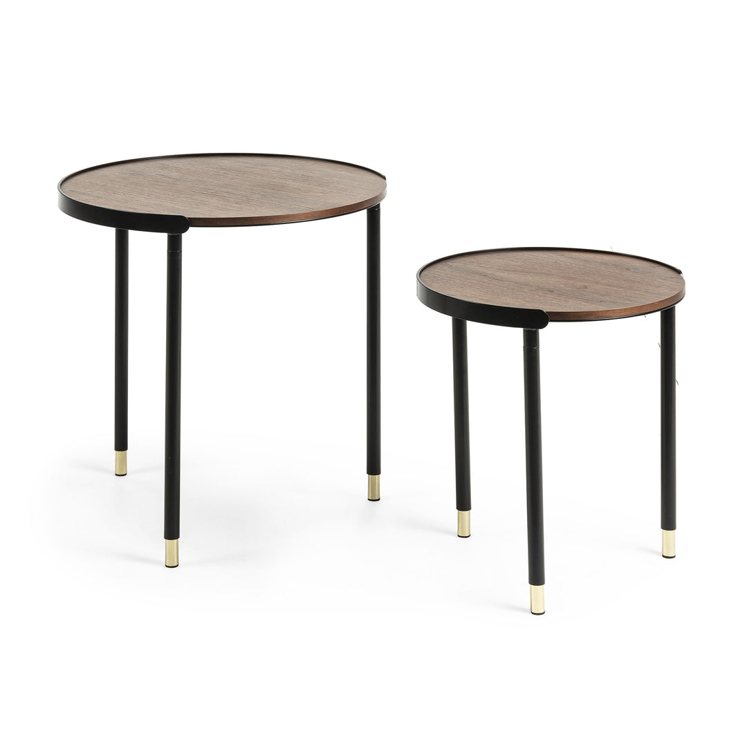 KAVE HOME Aliner sidebord brun/sort valnøddefinér/metal rund sæt á 2