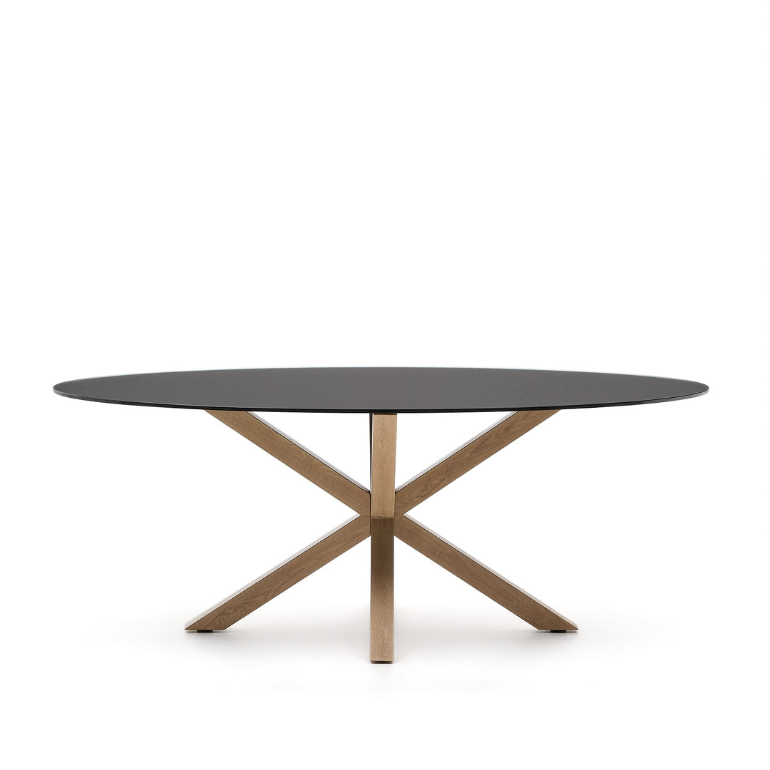 KAVE HOME Argo spisebord oval matteret sort glas og stål med træfinish 200x100