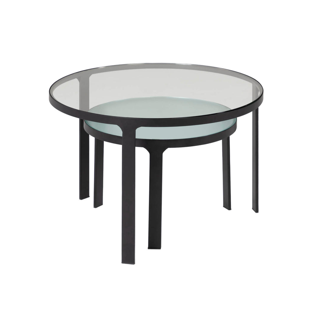 Produktbillede af KAVE HOME Oni indskudsborde rund sort stål og klar/struktureret glas sæt m. 2 i premium kvalitet