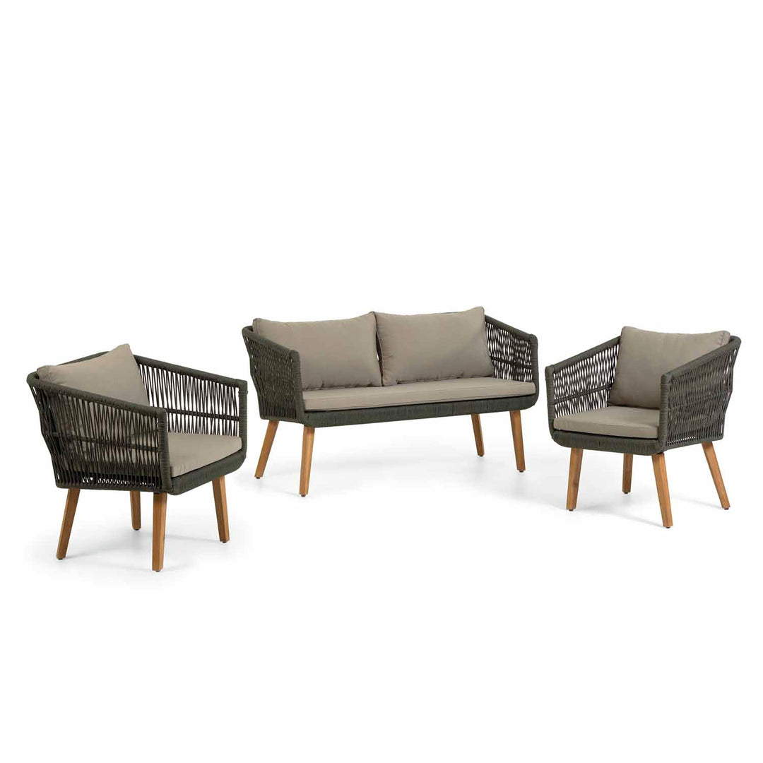 KAVE HOME Inti havesæt m. 2 pers sofa og 2 havestole m. hynder grøn reb og natur akacietræ