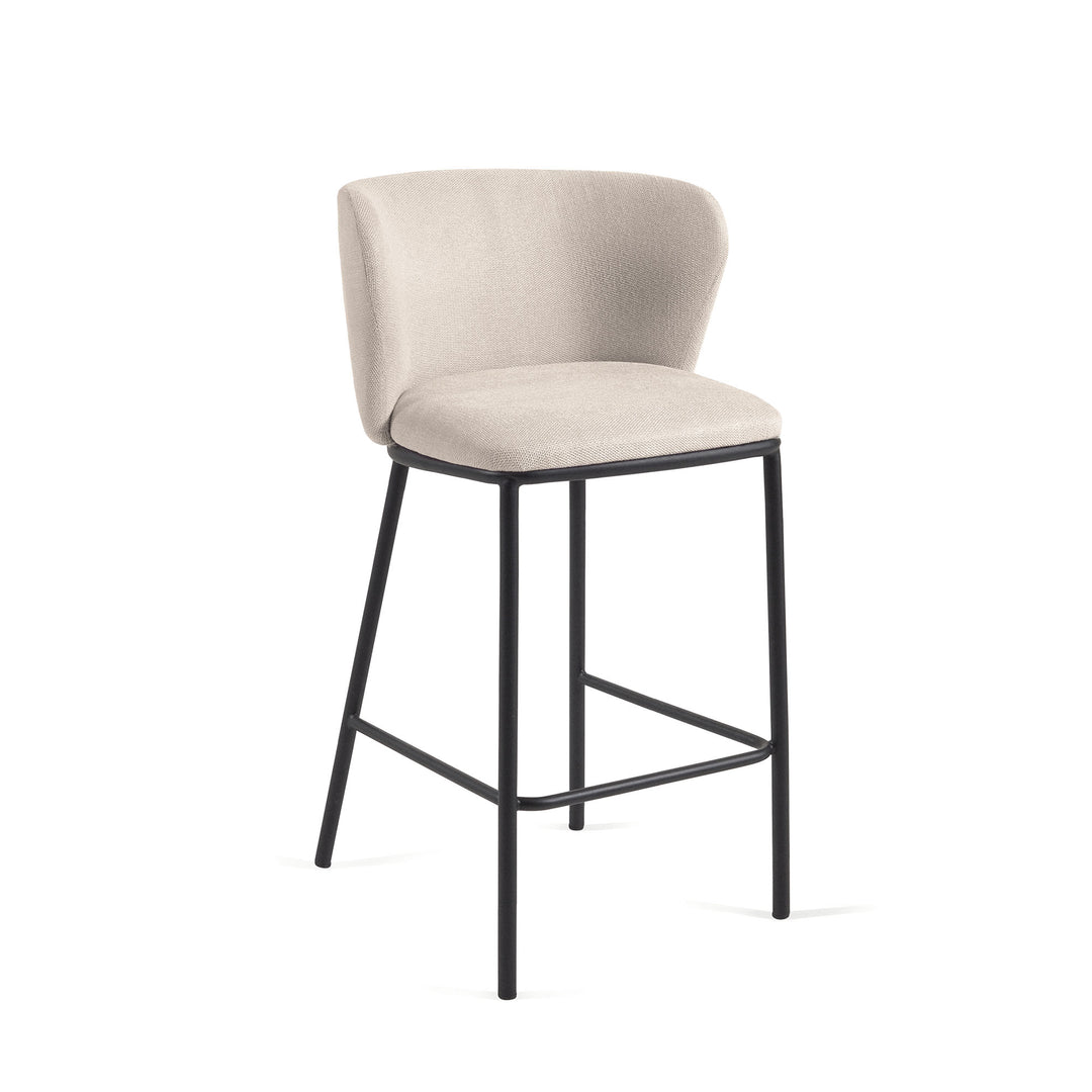 KAVE HOME Ciselia barstol m. ryglæn og fodstøtte beige chenille og sort stål H:65cm