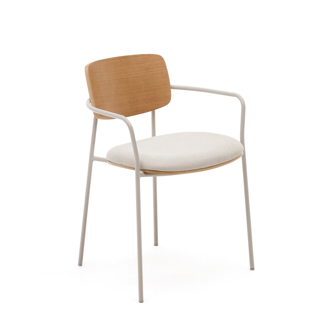 KAVE HOME Maureen spisebordsstol m. armlæn stabelbar natur egefinér og beige chenille stof/metal