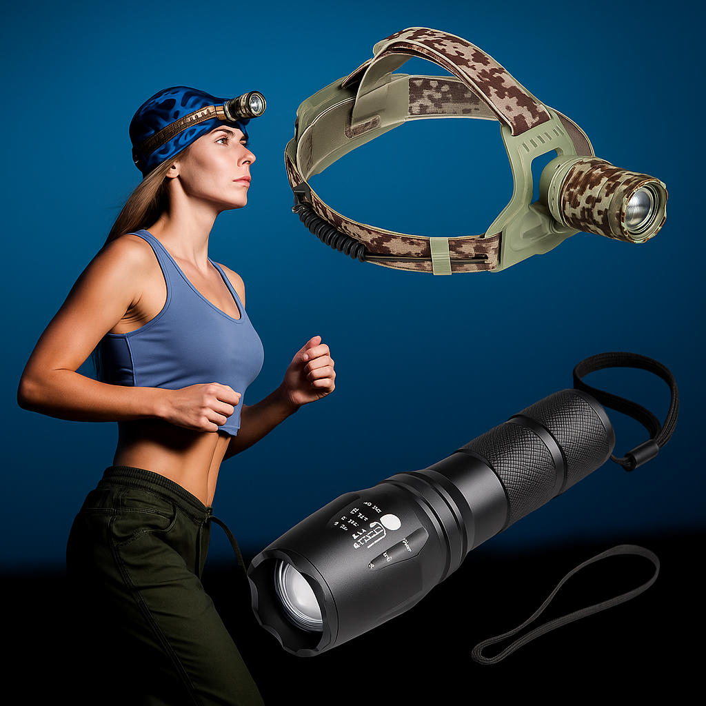 Produktbillede af LED Bundle: kraftig pandelampe & vandtæt taclight lommelygte på tilbud