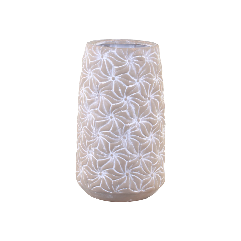 Chic Antique Colmar rustik cementvase med indridsede blomster i hvid farve