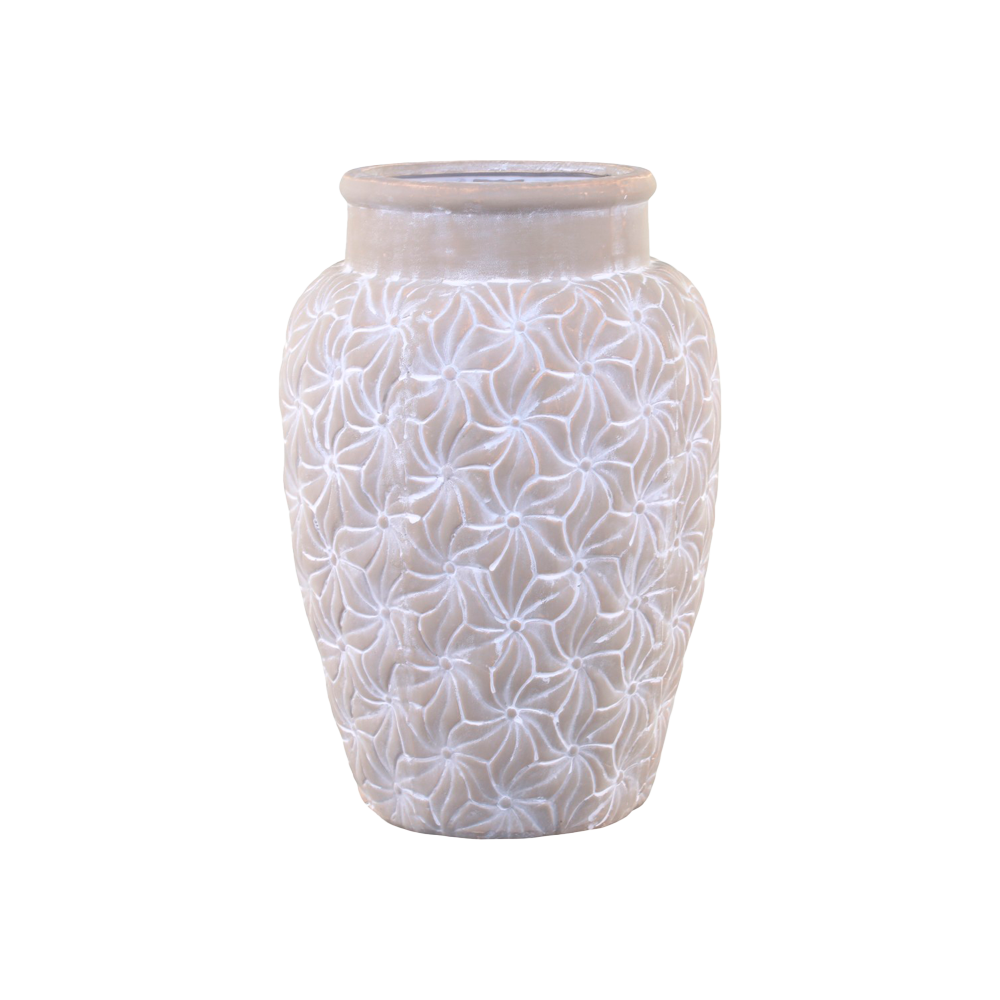 Rustik COLMAR vase i cement med præget blomstermønster fra Chic Antique