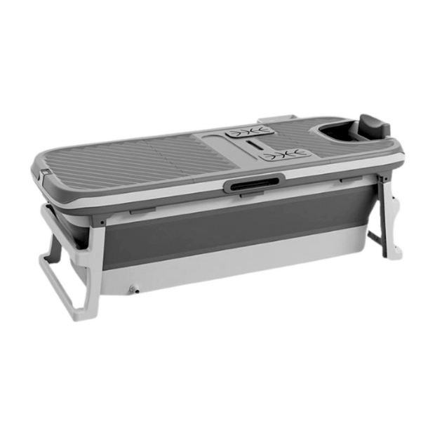 Produktbillede af Foldebadekar med låg og termometer Tisvilde 150cm Grå Bonus! Luksusslange i grå på 300 cm lækker badepude med rygstøtte ekstra prop inkl. Værdi kr. 798,- på tilbud i høj kvalitet