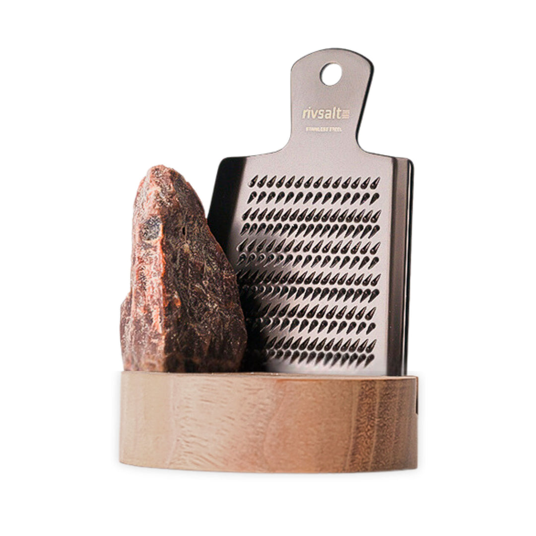 Rivsalt Rivsalt Walnut sæt med rivejern, saltsten og holder i valnød ❤ produktfoto (Krydderier)