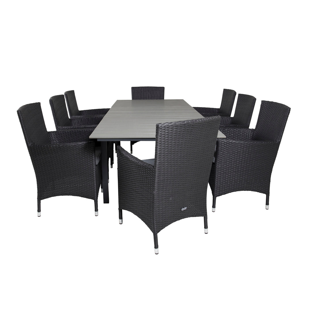 VENTURE DESIGN havesæt m Levels bord m. udtræk og 8 Malin stole m. armlæn sort rattan/grå aintwood