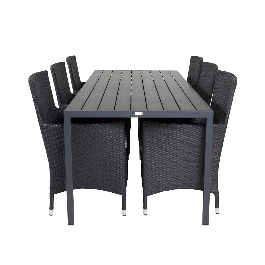 VENTURE DESIGN havesæt m. Break bord 205x90 og 6 Malin stole m. armlæn aintwood/alu//flet