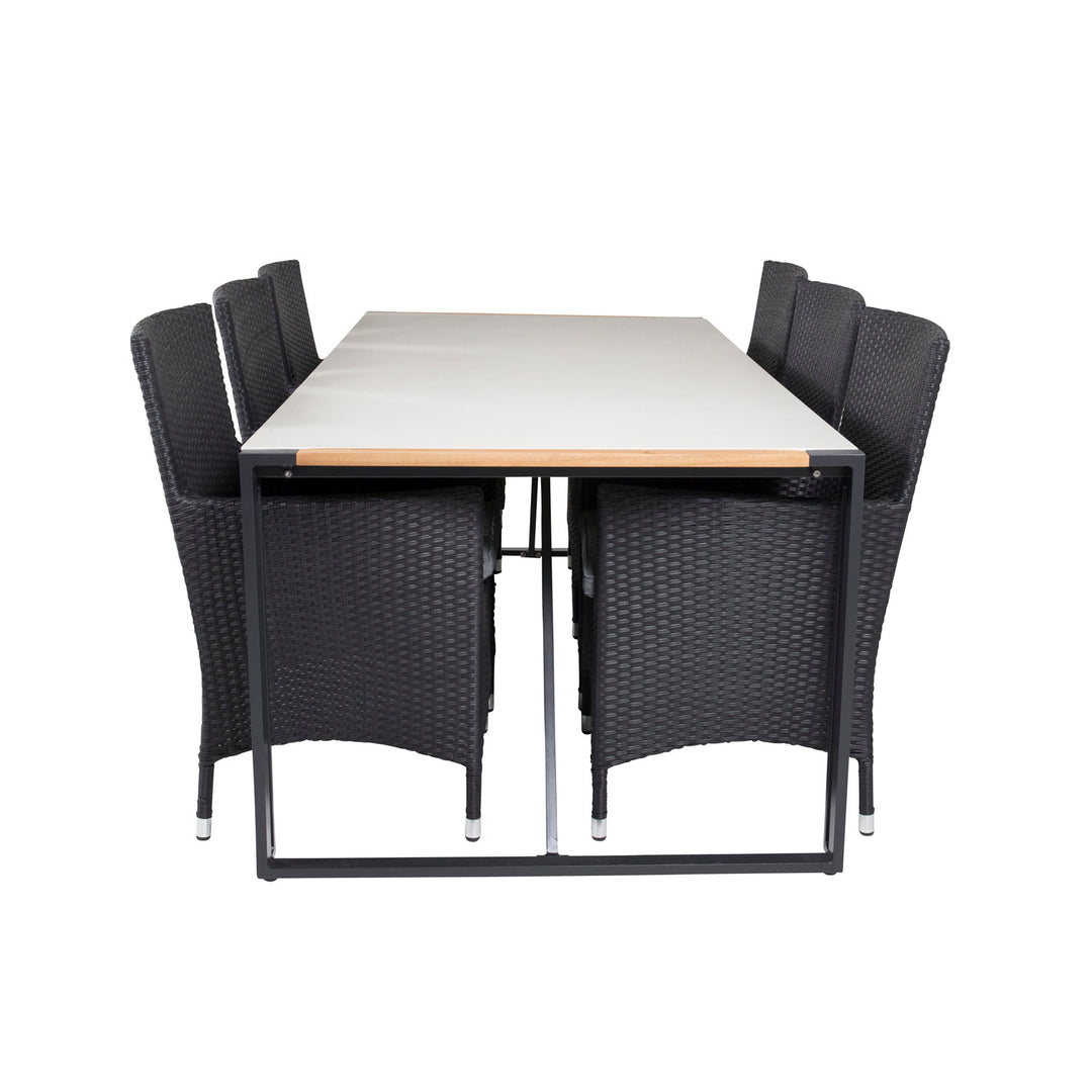 VENTURE DESIGN havesæt m. Texas bord 200x100 og 6 Malin stole m. armlæn teak/alu/flet