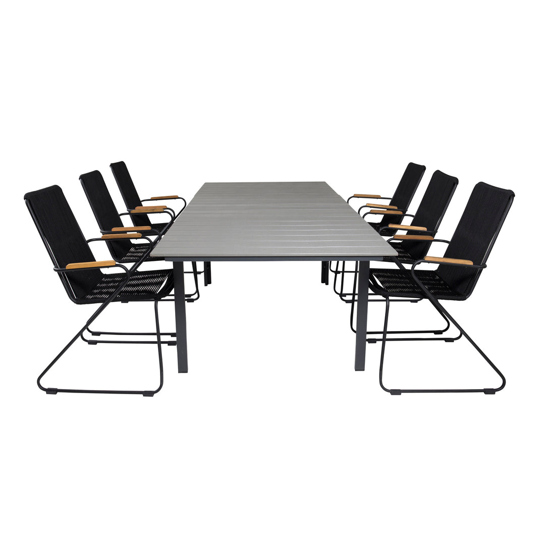 VENTURE DESIGN havesæt m. Levels bord m. udtræk og 6 Bois stole m. armlæn sort reb/grå aintwood