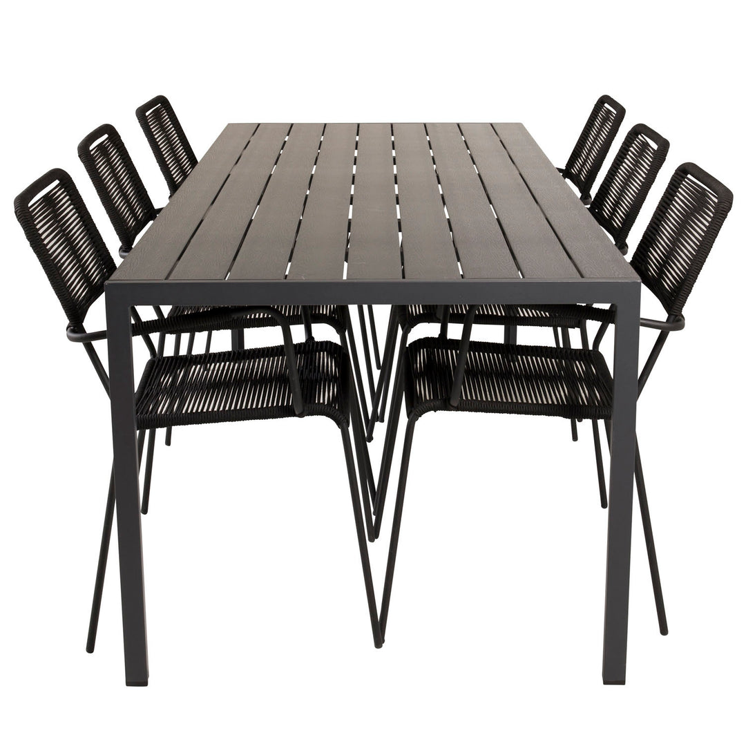 VENTURE DESIGN havesæt m. Break bord 205x90 og 6 Lindos stole m. armlæn aintwood/alu/reb