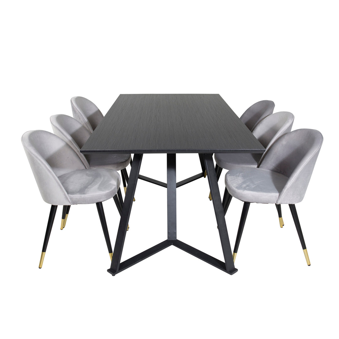 VENTURE DESIGN Marina spisebordssæt m. 6 stole sort finer/sort metal og lysegrå fløjl/sort metal